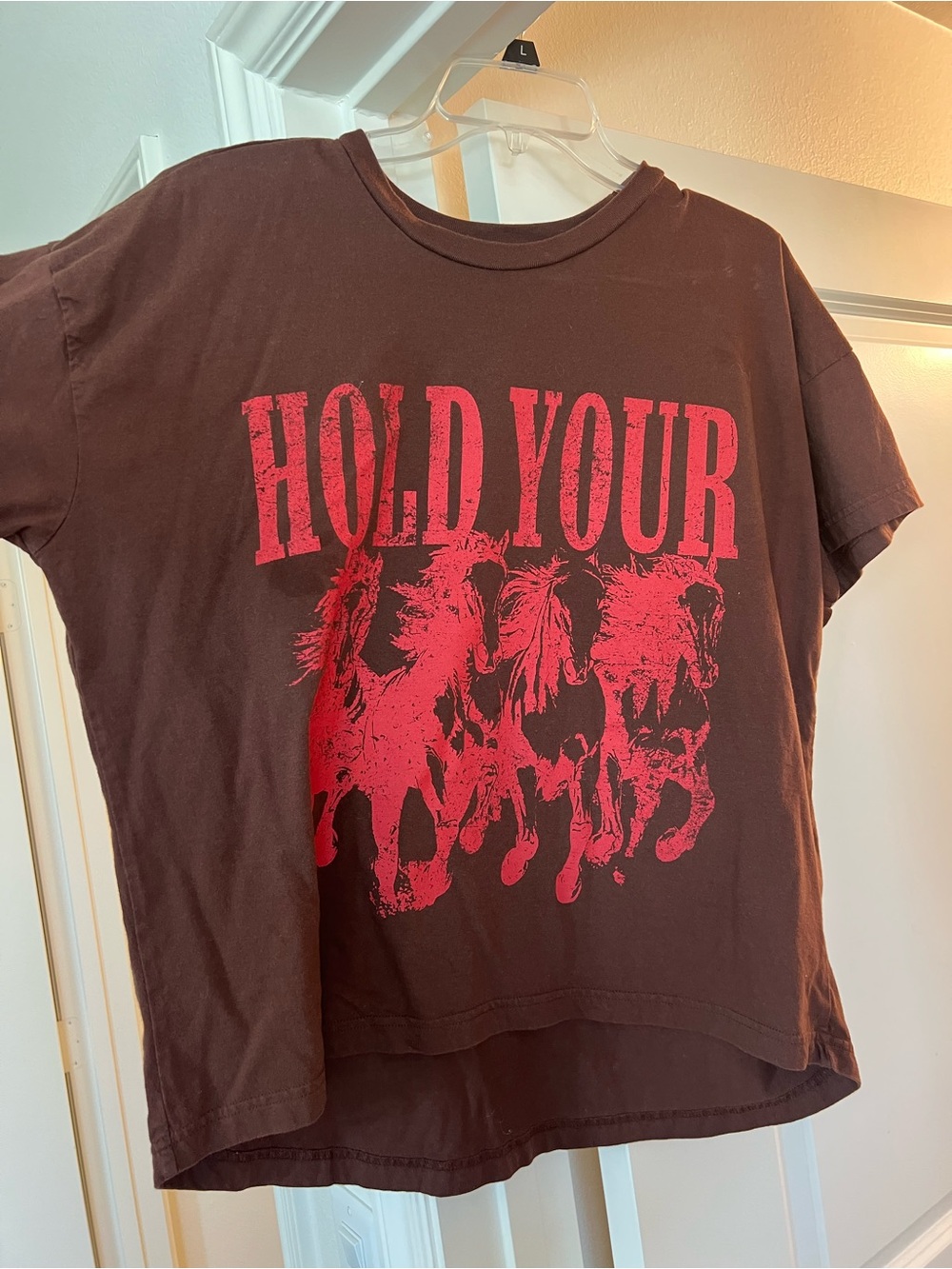 Women's Brown Short Sleeve Graphic Tee with Red Horse Print